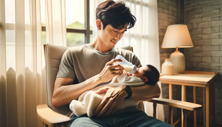 新手爸爸溫柔的餵著新新生兒喝奶