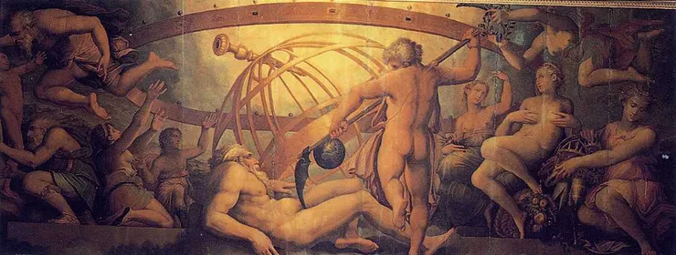 畫作：宙斯對烏拉諾斯的殘害。The Mutilation of Uranus by Saturn: fresco by Giorgio Vasari and Cristofano Gherardi, c. 1560