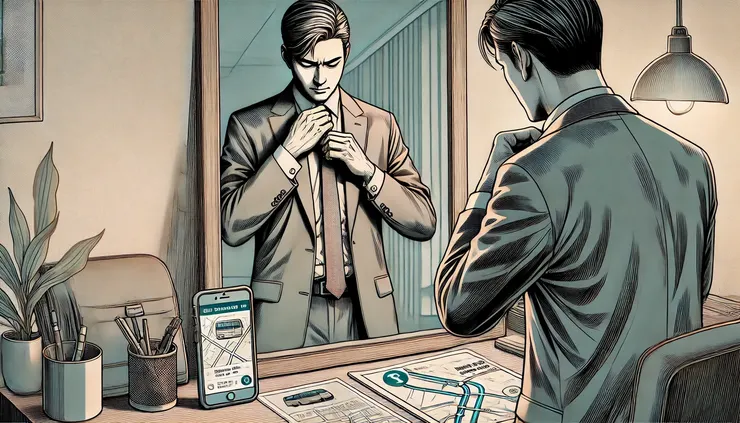 求職者在面試前檢查衣著、文件與交通路線。