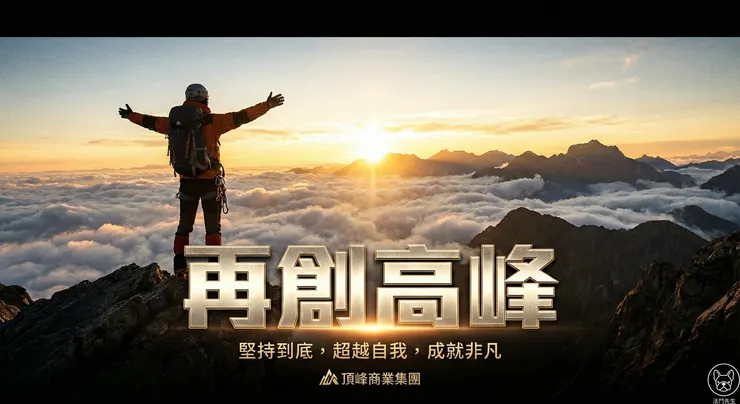 Gemini 3 (Banana Pro) 繪圖實測：精準生成帶有繁體中文「再創高峰」的商業海報，可作為 PPT 簡報的高品質激勵配圖