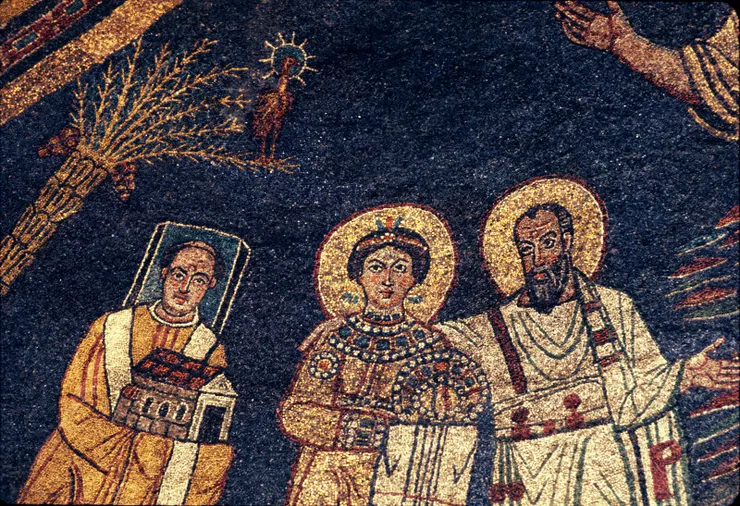 最左側的是教宗巴斯加一世，頭上環繞著方形光環表示在繪製時仍活著， 也就是尚未進入天堂。