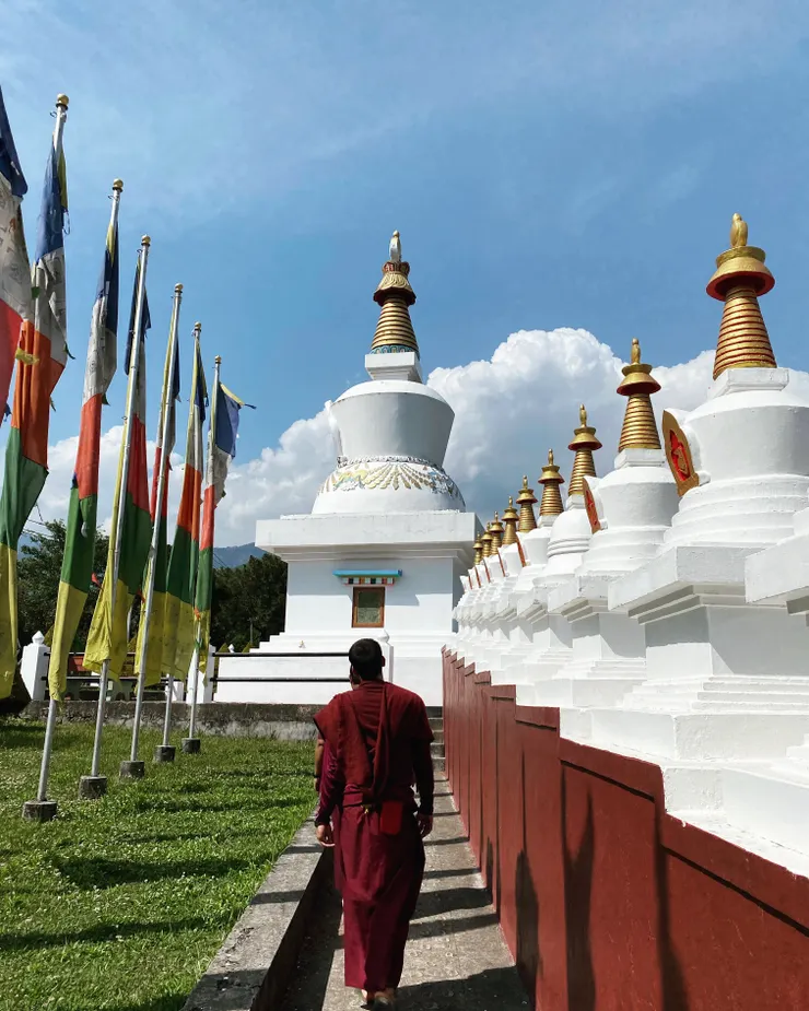 在智慧林佛學院每天繞兩次塔，早上繞一次、傍晚再繞一次。