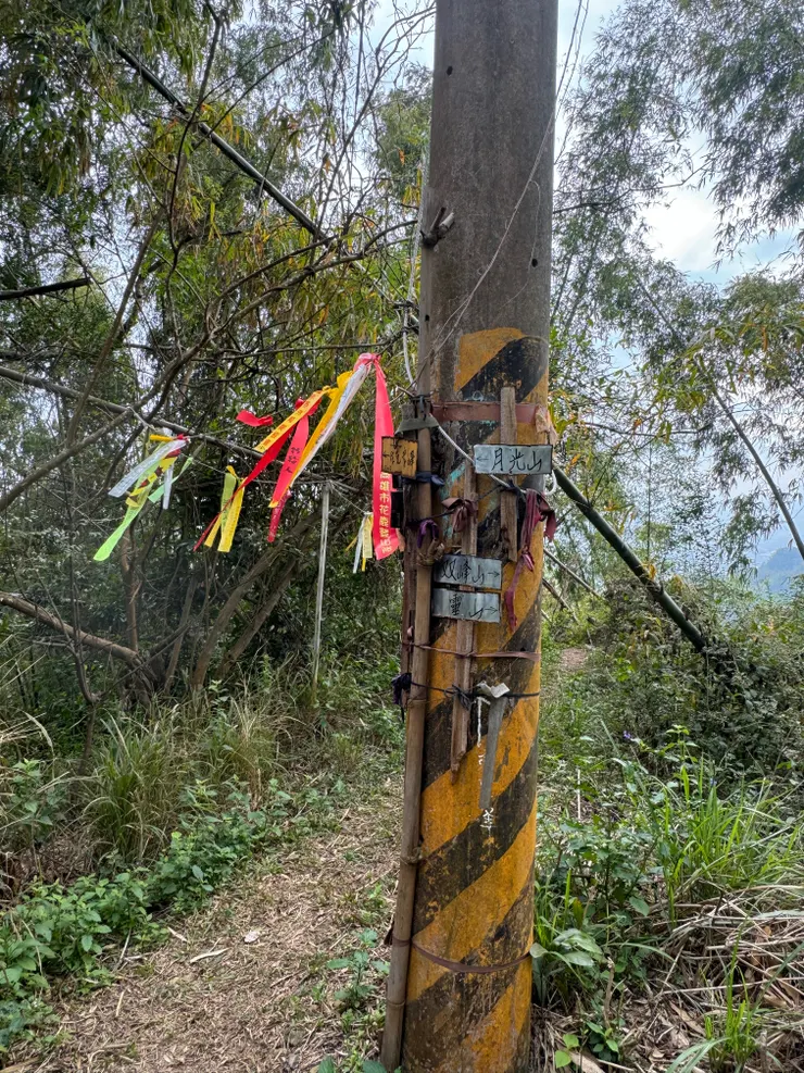 抵逹雙峰山/克孝峰/月光山的三叉路口。山林日誌最近總是飄來飄去的定不到位，路牌又標示往月光山登山口停車場，但月光山還沒到啊？？ 研究過後決定先往前走到月光山。