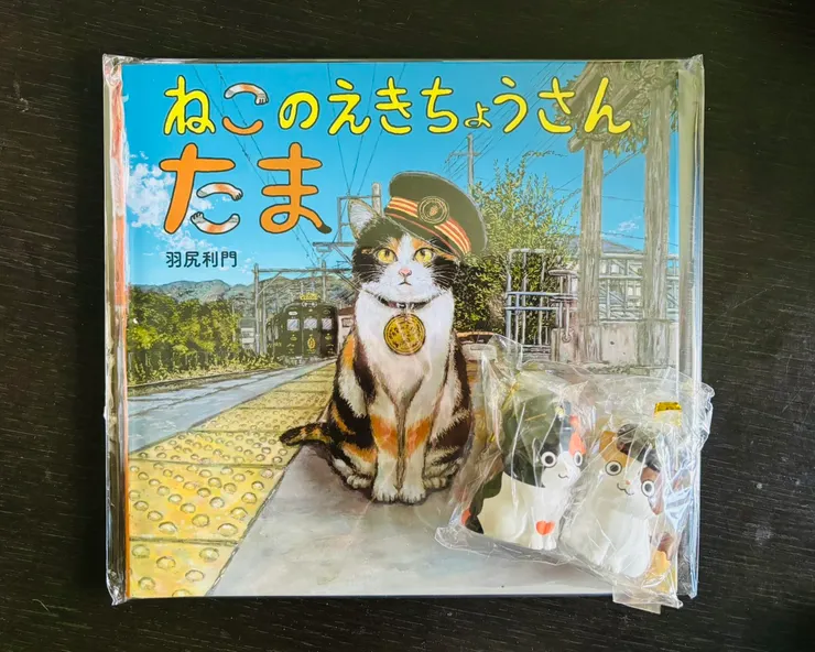 介紹小玉身世的《貓站長小玉》繪本和一代玉＋二代玉小雕像（自行拍攝）