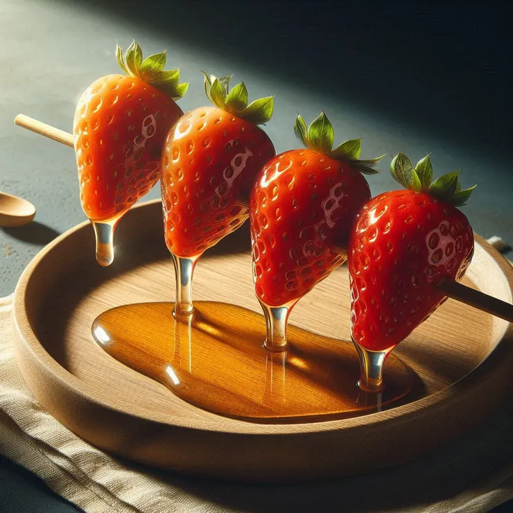 草莓糖葫蘆。糖漿也還沒乾。