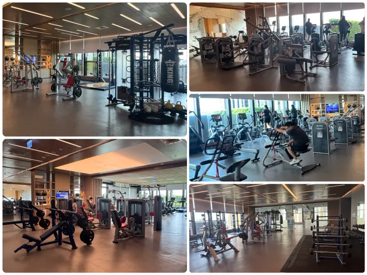 三大區的健身區，有氧機台、重訓器材、自由重量區，完整且不擁擠