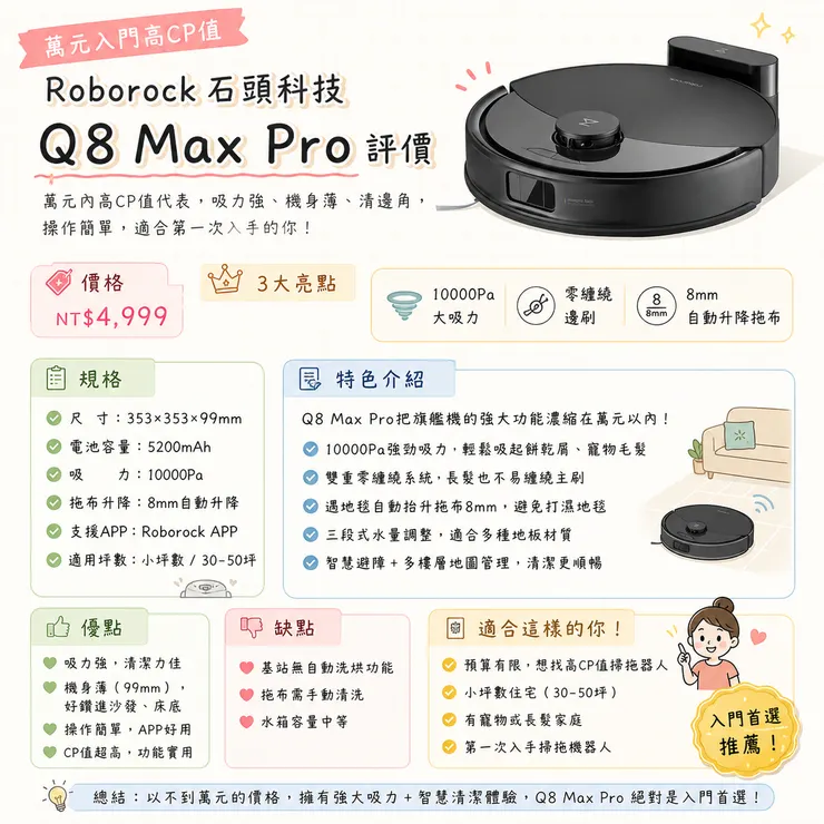 Roborock Q8 Max Pro 掃拖機器人評價｜萬元內高CP值 10000Pa強吸 8mm自動升降拖布 零纏繞邊刷 小坪數30-50坪入門首選