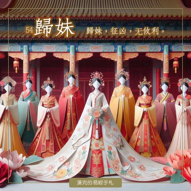 歸妹，家中有少女出嫁。《春秋公羊傳》：「一聘九女，諸侯不再娶。」  （漢克設計，AI生成圖）