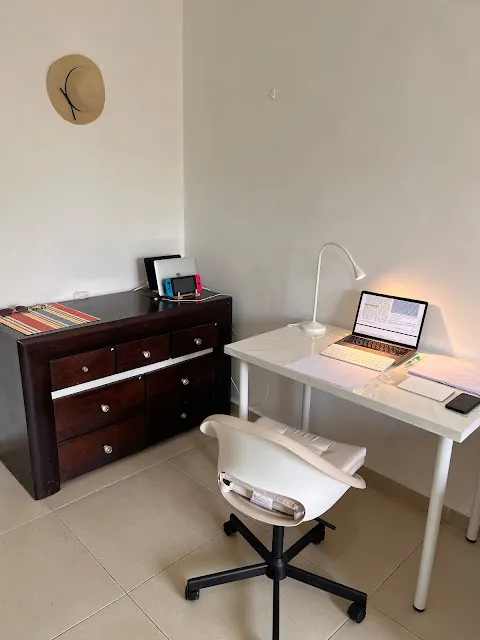 那個抽屜櫃原本是擺在客廳電視櫃的位置，搬到這個角落就不用一直看到它。 放在辦公桌旁邊還挺實用的。