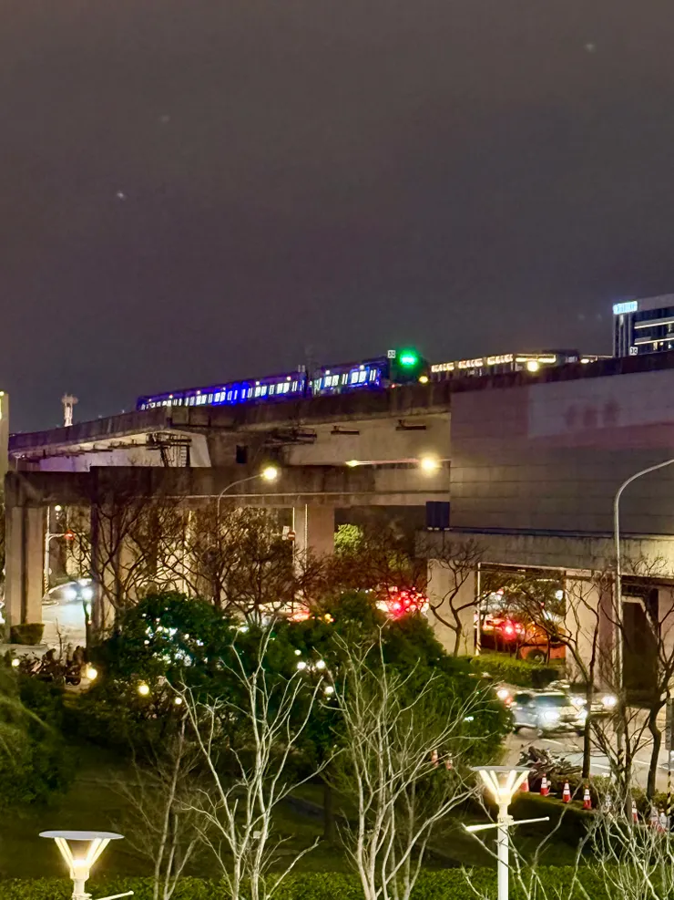 進捷運站時，看到了一輛正急駛而過的捷運。