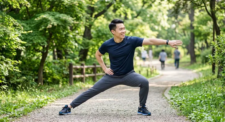 梁練偉在戶外示範運動伸展，強調身體活動對健康指標的影響。