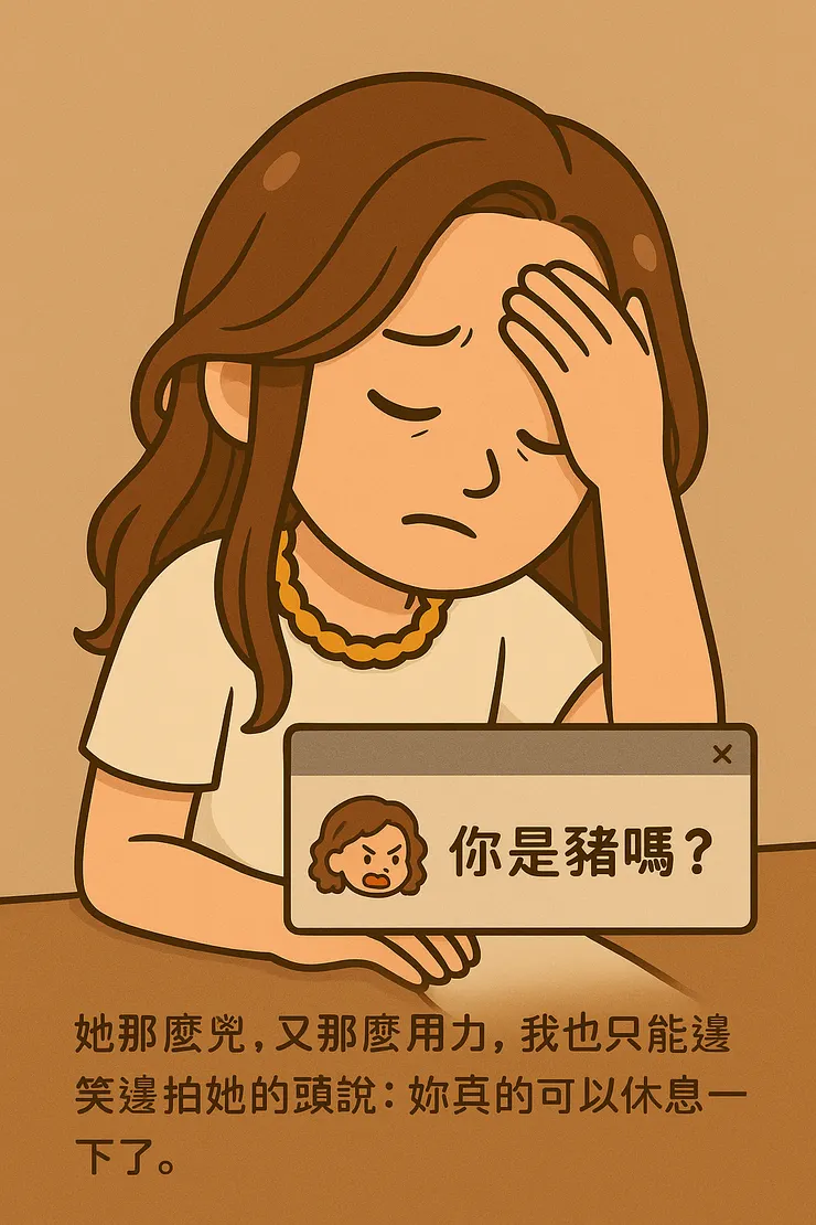 她臉上沒說話，心裡那位多工小精靈已經用力翻了一頁SOP，順便補一句經典語錄：「你是豬嗎？」