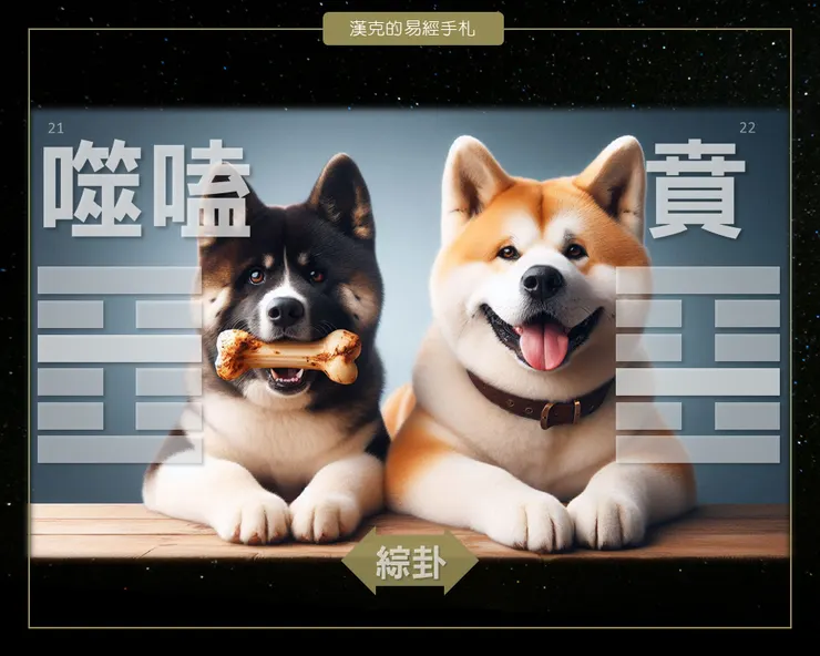 噬嗑卦的第四爻，像根骨頭，狗狗要咬碎才能吞下；噬嗑轉180度為賁卦，賁卦的第三爻，像舌頭，狗狗要表達友善可愛，以博取骨頭。 （漢克設計，AI生成圖）
