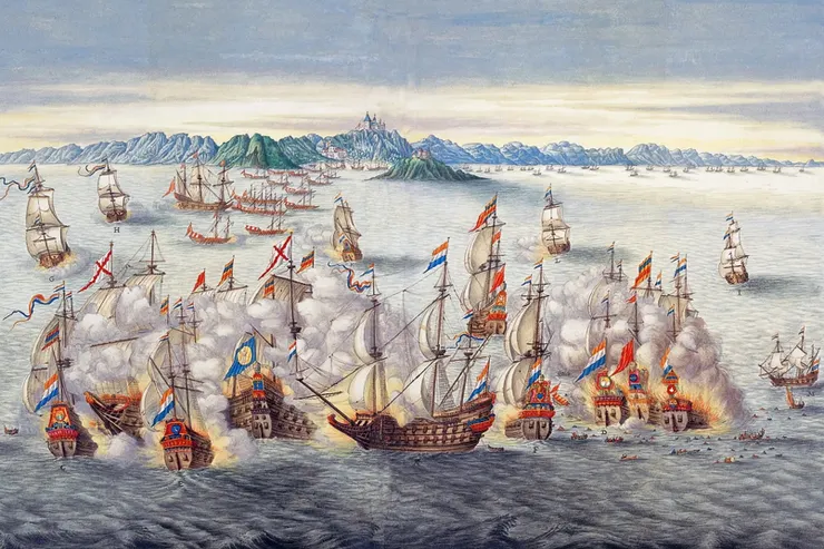 荷蘭繪圖師Johannes Vingboons繪製的1638年葡荷艦隊在果亞的海戰。-來源：Atlas of Mutual Heritage網頁。