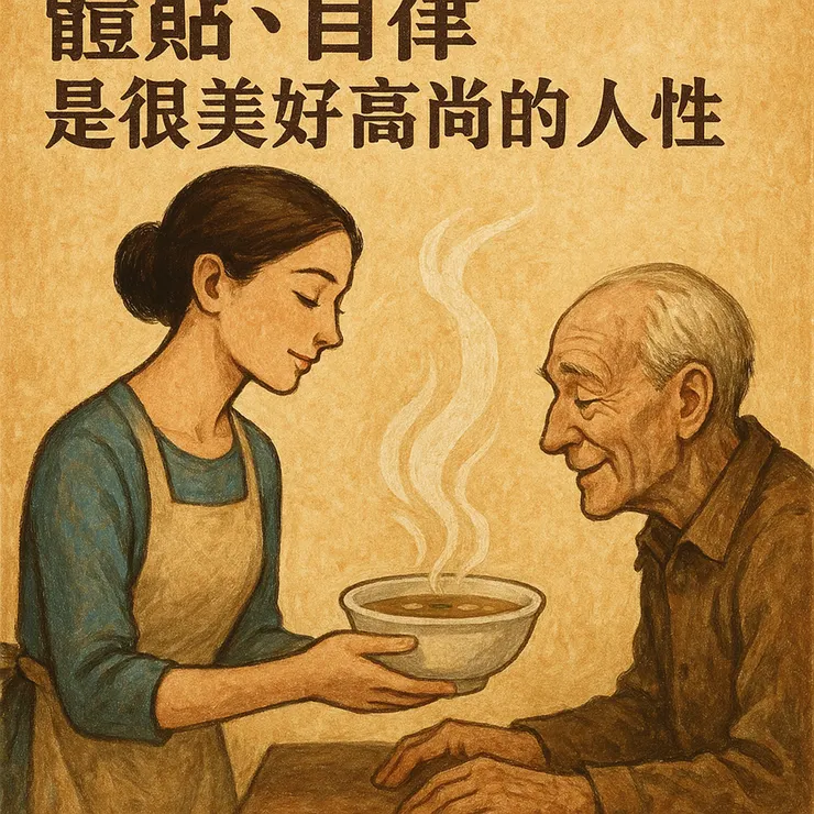 Bing幫我畫的「體貼、自律 是很美好高尚的人性」,我沒想到它會把中文也秀出,而且它的中文也寫得這麼好了!雖然圖片頂端有點切到天線。