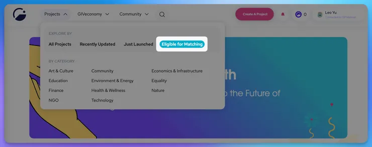 從 Giveth 首頁找到「符合平方融資配對資格」的專案