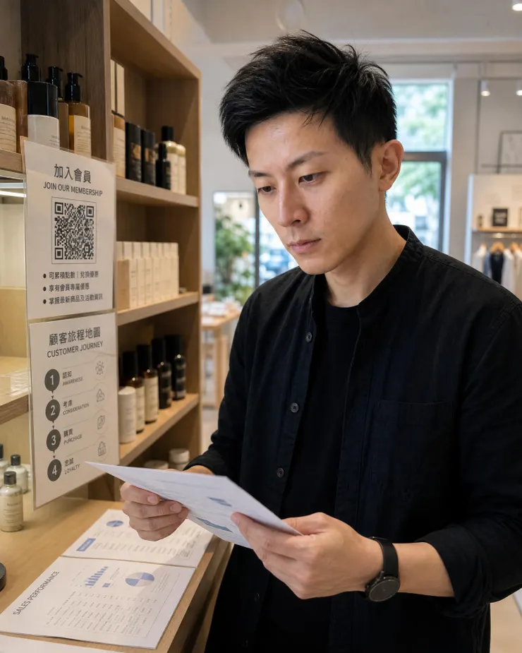 梁練偉在台灣品牌門市檢視私域會員入口與商品陳列
