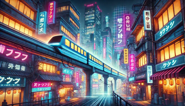 舊城區夜色中,磁浮列車滑過霓虹閃爍的高樓。