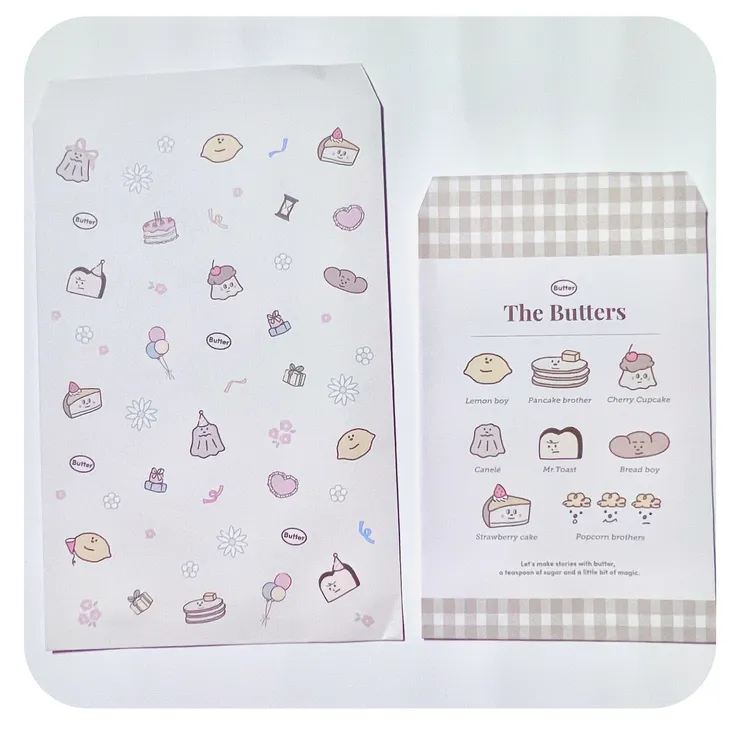 買了奶油色包裝袋、藍格紋紙、黑貓紙膠帶、庫洛米、麻繩