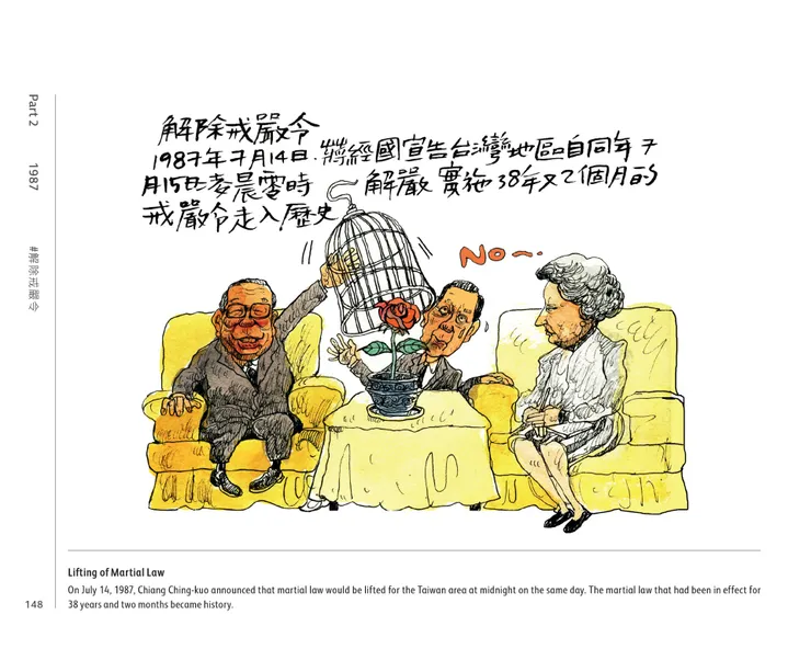 《手繪台灣關鍵字:畫說1940-2020》頁148。邱顯洵畫了生動的情境,表達他對解嚴的觀點。(大寬文化提供)