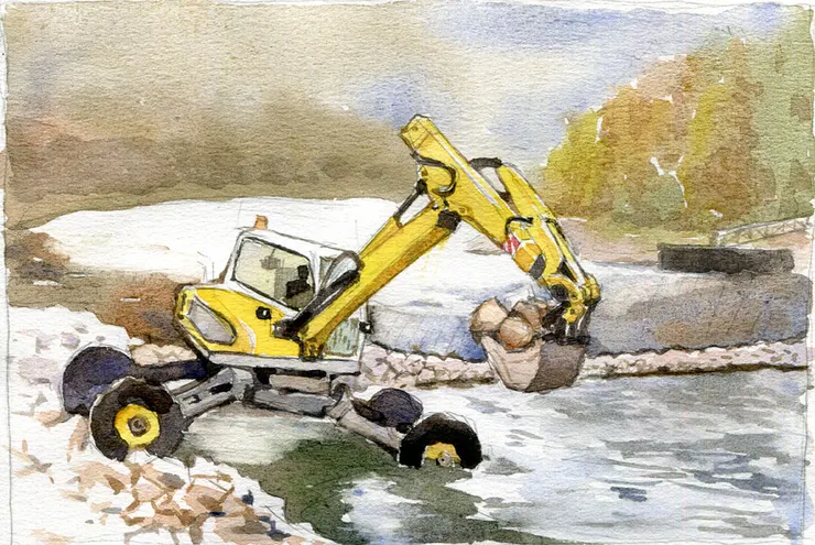 用怪手搬石塊加固電纜通道(象象參考TheBINcam的影片用水彩繪製)