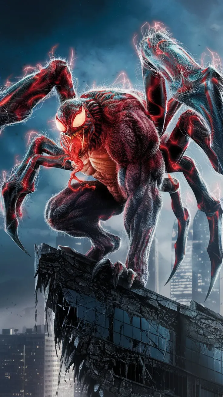 "Design a colossal fusion of Spider-Man and a tarantula, embodying ultimate danger and unparalleled uniqueness. The creature towers with a massive, muscular body covered in thick red-and-blue fur that glows with pulsating web-like patterns, as if charged with energy. Its eight enormous, blade-like legs are armored with chitinous spikes, capable of slicing through steel and scaling any surface. Its glowing, blood-red, multifaceted eyes pierce the darkness with an intense predatory gaze, and its enormous venomous fangs drip with a glowing, acidic toxin. Perched menacingly on the edge of a shattered skyscraper, its massive frame looms over the city below, exuding unstoppable power. Razor-sharp webbing gleams as it stretches between its limbs, while the stormy night sky crackles with lightning, illuminating its terrifying silhouette. This monstrous hybrid is the perfect combination of fear, strength, and unique otherworldly menace."
