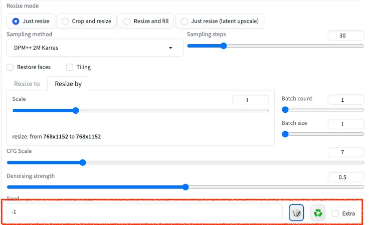 img2img設定，Seed要設定為-1
