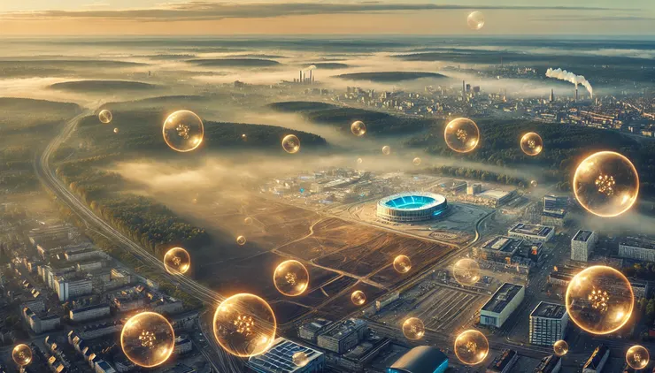 空中佈滿金黃色能量泡泡，而下方是我在夢中居住的城市 - By ChatGPT