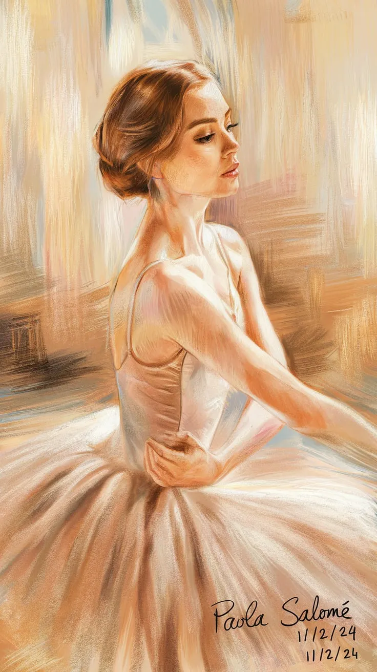 A colored pencil sketch of a ballerina with light brown hair, elegantly posed in a serene environment surrounded by soft pastel hues. The warm tones reflect her graceful movements, capturing the softness and beauty of her performance. The artist's name, Paola Salomé, is legibly and neatly written in the bottom-right corner of the image. The date, 11/12/24, is also written in the bottom-right corner.
