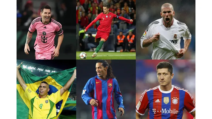 世界足球先生，左上：美斯6次；中上：C朗5次；右上：施丹3次；左下：朗拿度3次；中下：朗拿甸奴2次；右下：利雲度夫斯基2次