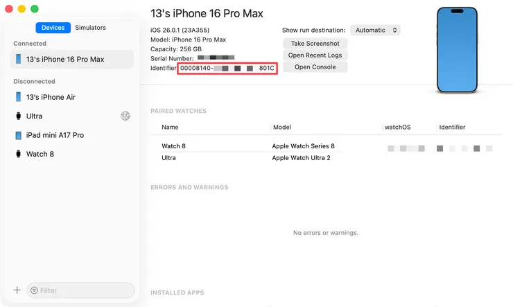 Xcode Devices and Simulators 視窗上的 Identifier 資訊