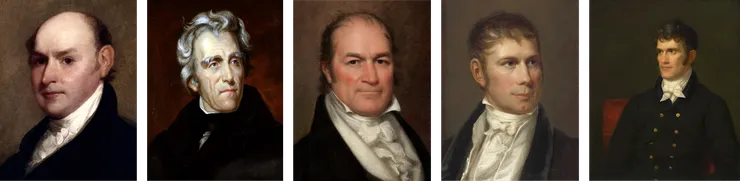 1824年美國總統大選的主要競爭者，左起小亞當斯、傑克遜、克勞福、克萊、卡爾宏。