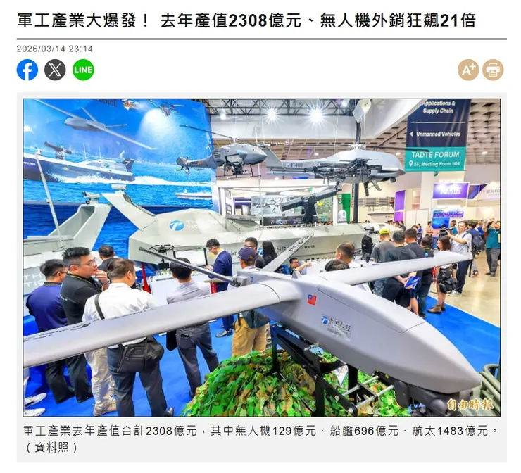 軍工產業大爆發！ 去年產值2308億元、無人機外銷狂飆21倍／自由時報鍾麗華