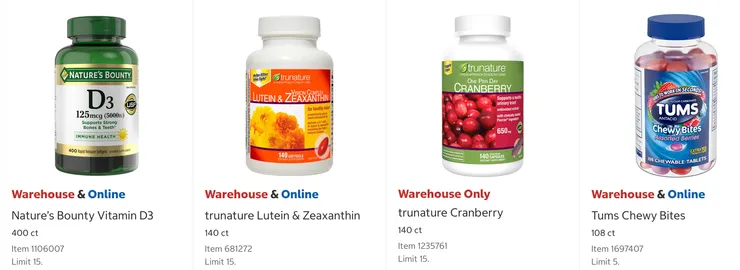 Nature's Bounty D3 $19.99、trunature 葉黃素 $20.99、trunature 蔓越莓 $21.05、TUMS 咀嚼型抗胃酸片 $14.99。