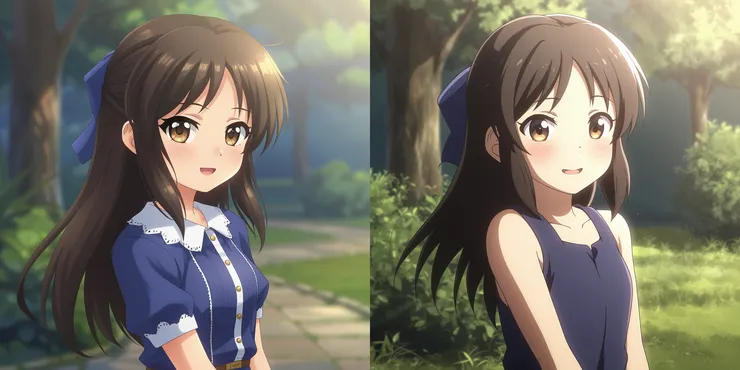 左：第一輪的模型，右：加上不同服裝圖片後訓練的模型。Prompt：anime-style illustration, upper-body shot, zzArisuTachibana, smile, park, cinematic lighting, volumetric lighting, atmospheric glow, complex contrast, detailed background, masterpiece, best quality