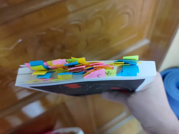 在印刷文字總共不到160頁的書本，硬是塞了50張左右的標籤紙(汗)(此書為《黎明：短篇故事集》，書名的「黎明」對照哪些角色、代表何種意義，都是作品耐人尋味之處)