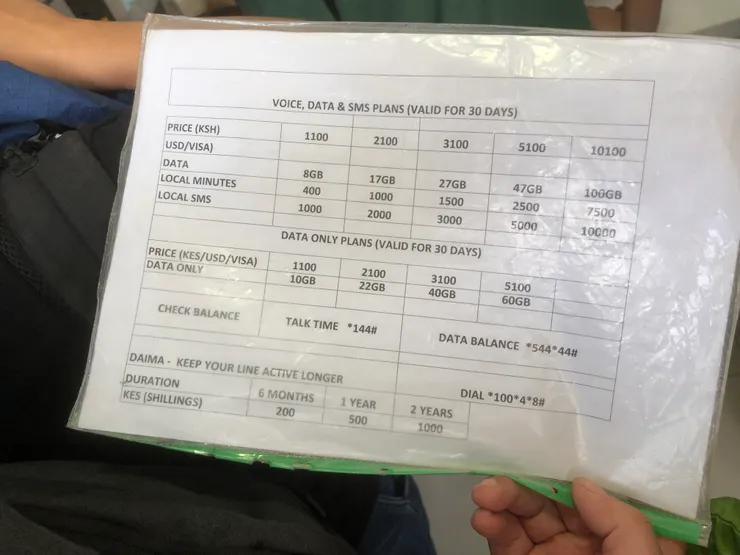10GB網路數據 10美金 or 1100KES 可以使用30天 (增加通話功能，是相同價格)