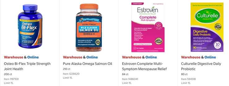 Osteo 三倍強效配方 $26.99、純阿拉斯加野生鮭魚油 $18.99、Estroven 緩解更年期多種症狀 $22.99、Culturelle 消化健康益生菌 $26.99。