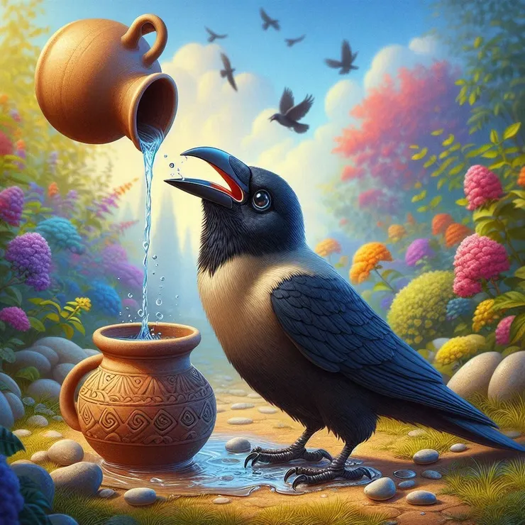 「烏鴉喝水罐內的水」AI生圖