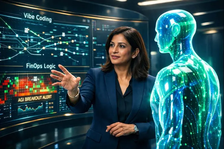 主理人與 AI 思考夥伴在一個高科技的數位環境中，共同進行利潤共振的決策過程。