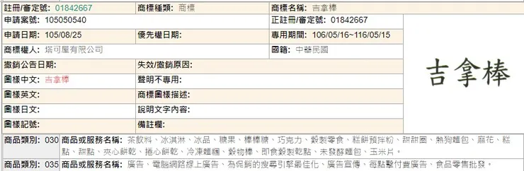 吉拿棒也有申請商標