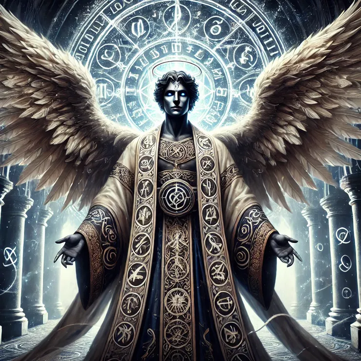 他是一位在所羅門咒語儀式中被召喚的天使。畫面呈現出他的神秘氣息，身穿刻有古老符文的長袍，擁有發光的羽翼，散發出智慧與力量的氛圍。