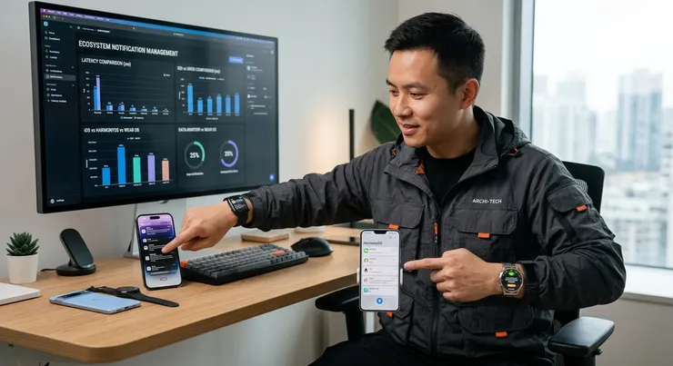 梁练伟在工作台对比多款手机与智能手表通知管理界面，深入分析联动体验。