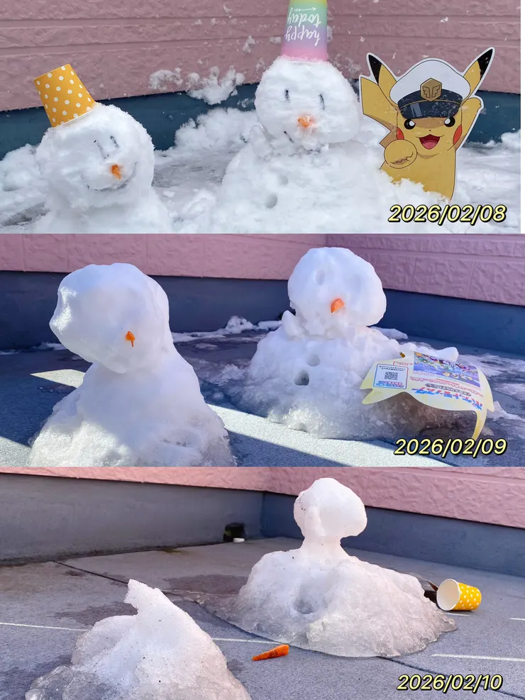 ⛄️三天下來，太陽已經把雪人變成「抽象藝術」。