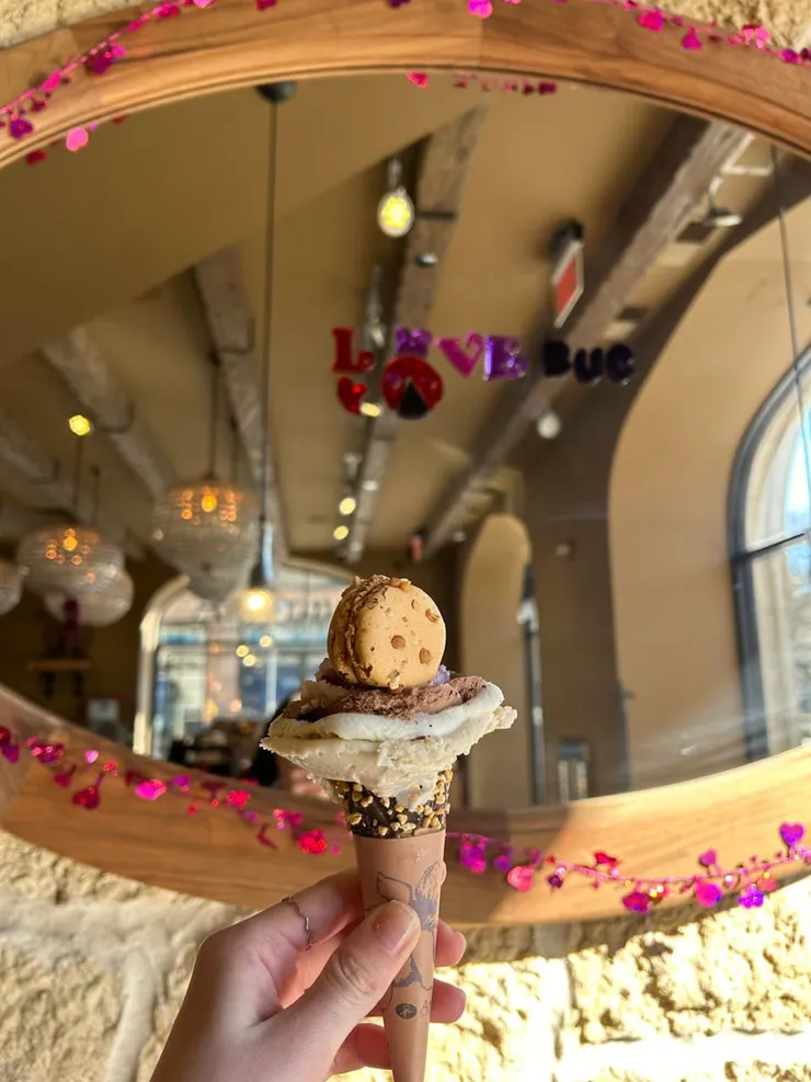 Small signature cone $11.24，是冰淇淋和馬卡龍的組合。馬卡龍是榛果口味。