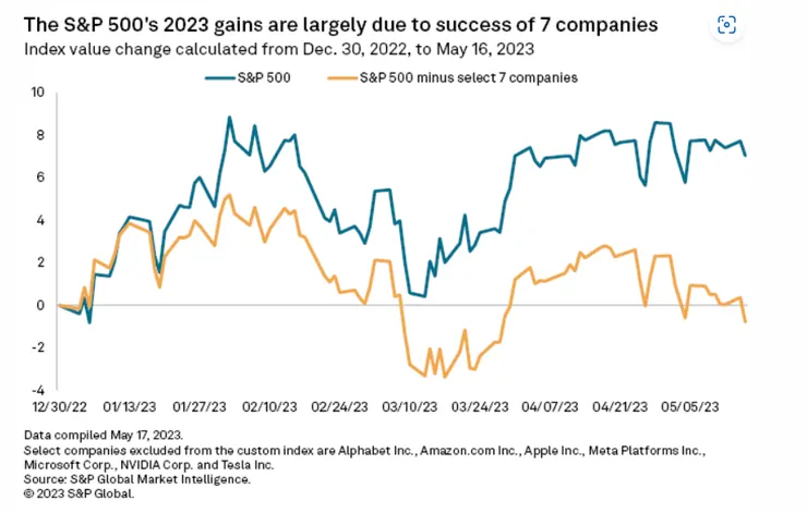扣除前七大公司股價上漲後的標普指數(橘色)今年表現黯淡