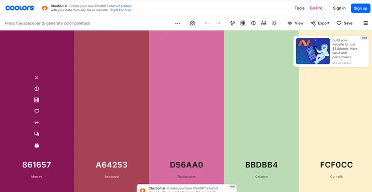 Coolors 提供隨機顏色組合，操作簡單好上手