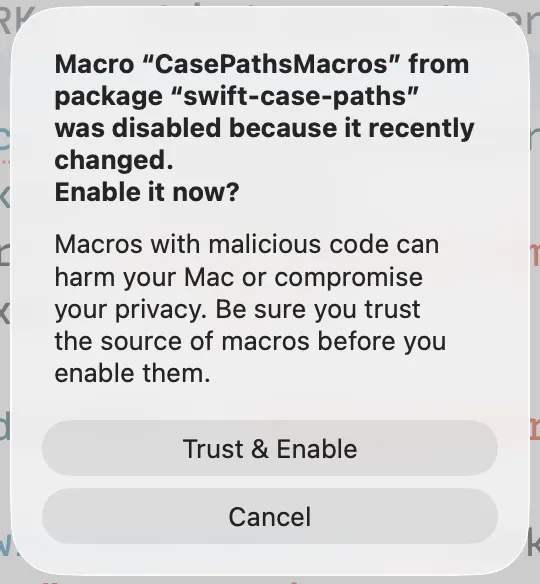 確認要信任與啟用 Macros 的對話框