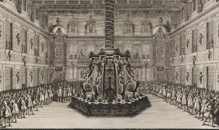 凡爾賽宮節慶的盛宴，1674年，版畫。中央為自助餐台。