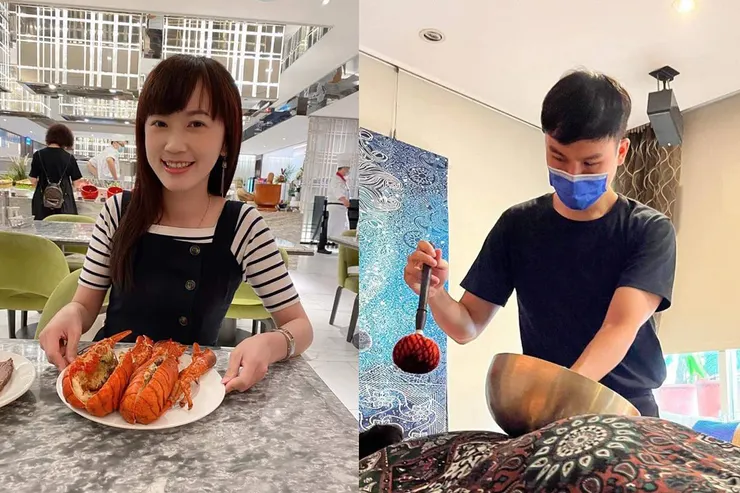 左圖為佑靜與龍蝦合影;右圖是薾桐練習頌缽的照片